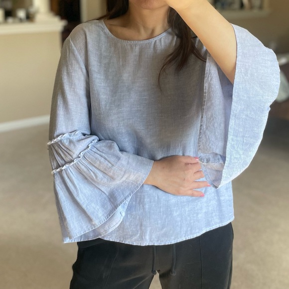 Express Blue And White Striped Bell Sleeve Blouse- Size S - Picture 2 of 14